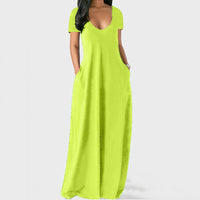 Women Solid Color Long Dress U Neck With Pockets Short Sleeve Comfortable Dress