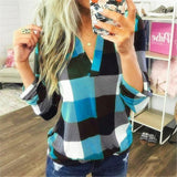 Plus Size Women Casual Long Sleeve Plaid Check T Shirt Ladies V Neck Tops Blouse