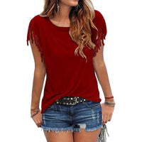 Plus Size Women Summer Short Sleeve Tassel Casual Tops Blouses Solid T-Shirt Bodycon Scoop Neck Shirt