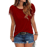 Plus Size Women Summer Short Sleeve Tassel Casual Tops Blouses Solid T-Shirt Bodycon Scoop Neck Shirt