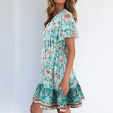 Women Summer Sun Dress Short Sleeve V-Neck Floral Mini Dress Boho Beach Retro V Neck Tassel Swing Tunic Dress