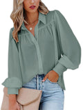 Frontwalk Womens Long Sleeve V-Neck Blouses Tops Button Down Office Work Shirt Casual Loose Baggy Pleated Tunic