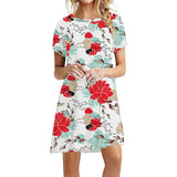 Women Floral Print Short Sleeve Flounce Dress Lightweight Round Neck Mini Dress