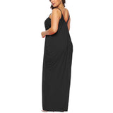 Women Solid Plus Size Sleeveless Maxi Dress V Neck Summer Spaghetti Straps Dress Double Side Pocket