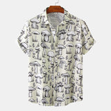 Mens Button Down Shirt Casual Loose Tops Summer Hawaiian Shirts Lapel Neck Short Sleeve T-shirt Mushroom Print Blouse