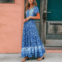 Lumento Women Floral Print Dress Summer V Neck Boho Dress Short Sleeve Long Maxi Dress