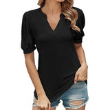 Women's V Neck T-shirts Short Lantern Sleeve Tops Sweet Tee Solid Color Blouse