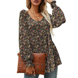 Women Long Sleeve Pleated Shirt Casual Loose Tunic Tops Ruffled Floral Print Blouses