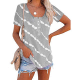 Stripe Tunic Tops for Women Summer Button Up Short Sleeve Tie-dye T-Shirt Blouse