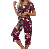 Women Floral Pajama Set Sleepwear Tops with Capri Pants Outfits Ladies Summer Comfy Sleep Nightshirt PJS Set