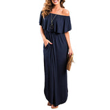 Sexy Off Shoulder Long Maxi Dress for Women Short Sleeve Summer Beach Sundress Split Ruffle Dress with Pocket