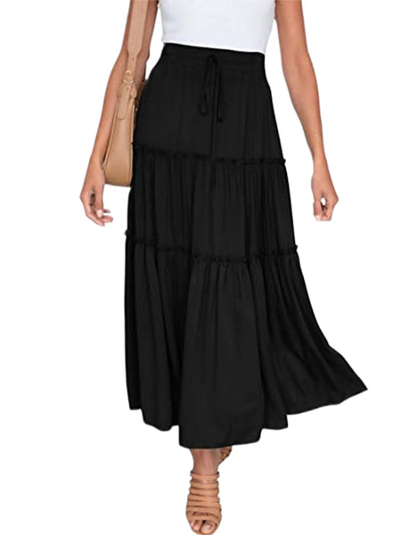 Maxi Skirts for Women Pleated Loose Plain Long Skirts High Waist Boho Summer Beach Skirt