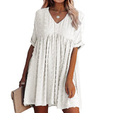 Women Solid Pom Pom V Neck Mini Dress Ruffle Short Sleeve Swing Dress Casual Summer Beach Sundress