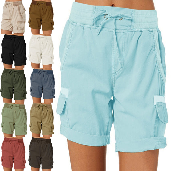 Women's Cotton Linen Wide Leg Cargo Shorts Casual Multi Pockets Loose Fit Shorts