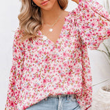 Ladies V-neck Floral Blouse Women's Lantern Long Sleeves Loose Fit Tops Shirts