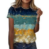 Women Bohemian Short Sleeve T-shirt Fashion Sunset Print Pullover Blouse Tops Summer Beach Casual Loose Work Shirt