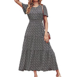 Lumento Women Summer Floral Print Dress Casual Boho Short Sleeve Ruffle Tiered Dress Swing Maxi Dress