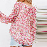 Ladies V-neck Floral Blouse Women's Lantern Long Sleeves Loose Fit Tops Shirts