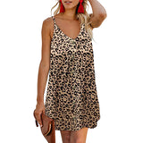Women Sleeveless V Neck Dress Leopard Printed Splicing Casual Swing Dress Button