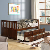 Goory Wooden Frame Twin Size Captain Bed,Daybed with 3 Storage Drawers,Trundle Bed Frame,Platform Guest Bed Walnut