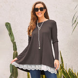 Women's Solid Color Mini Dress Casual Scoop Neck Lace Long Sleeve Pullover Dress