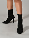Womens Knitted Stretch Cloth Slip On Ankle Boots Pointed Toe Fashionable Kitten High Heels Boots