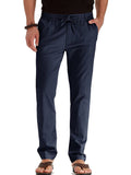 Men Summer Casual Elastic Waist Pants Straight Leg Fitted Trousers Solid Color Yoga Loungewear with Pockets