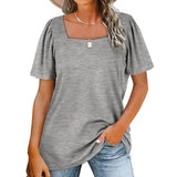 Women Loose Solid Color Ruched Tunic Short Sleeve Stripe T Shirts