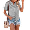 Women Solid Color Lapel Top Short Sleeve T-Shirt Blouse Casual Pullover Button