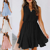 Women's Summer Chiffon Skirt Sleeveless Knee Length V Neck Dress Elastic Waist