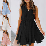Women's Summer Chiffon Skirt Sleeveless Knee Length V Neck Dress Elastic Waist