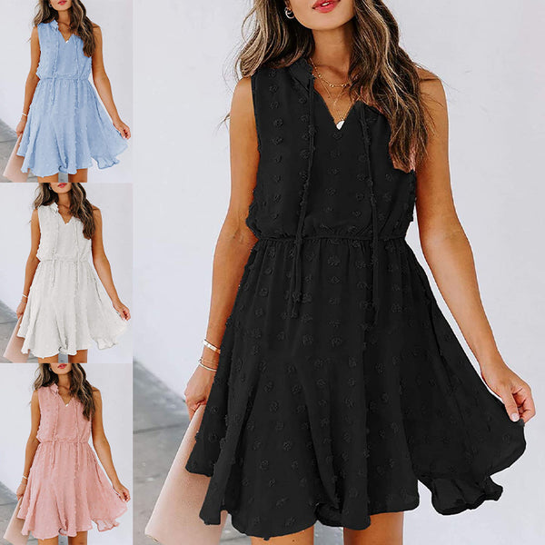 Women's Summer Chiffon Skirt Sleeveless Knee Length V Neck Dress Elastic Waist