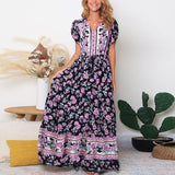 Lumento Women Floral Print Dress Summer V Neck Boho Dress Short Sleeve Long Maxi Dress