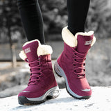 Lady Solid Color Mid Calf Boot Flat Casual Shoes Lace Up Round Toe High Top Warm