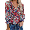 Women's Floral Print V Neck Loose Fit Long Lantern Sleeve T Shirts Pullover Tops