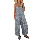 Spaghetti Strap Jumpsuits Romper for Womens Casual Sleeveless Wide Leg Playsuit Leopart Lounge Pants with Pocket