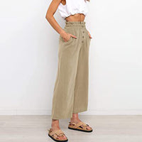 Women Plain Daily Wear Trousers Casual Buttons Palazzo Pant Loose Fit Solid Color Pants