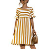 Women Fashion Skirt Striped Printed Short Sleeve Round Neck Casual Dress Ruffles
