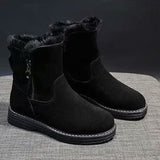 Lady Solid Color Ankle Boots Flat Shoes Warm Booties Side Zip Round Toe High Top