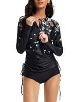 S-XXL Women Floral Printed Zipper Fronted Swim Dress One-piece Swimming Suit Surfing Swimsuit Long Sleeve Wetsuit Swimwear Tummy Control Beachwear Sun Protection Bathing Suit With Bikini Bottom