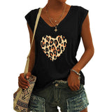 Lumento Womens Tops Summer V Neck Heart Print T Shirts Leopard Cap Sleeve Casual Blouse
