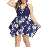 Women Plus Size Floral Swimdress Swimming Costumes Two Piece Swimwear Swimsuit for Ladies, Halterneck Bathing Suit Beachwear Push Up Padded Bra Backless Tummy Control