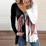 Women's Color Printed V Neck Zip T-shirt Long Sleeve Pullover Casual Loose Tops