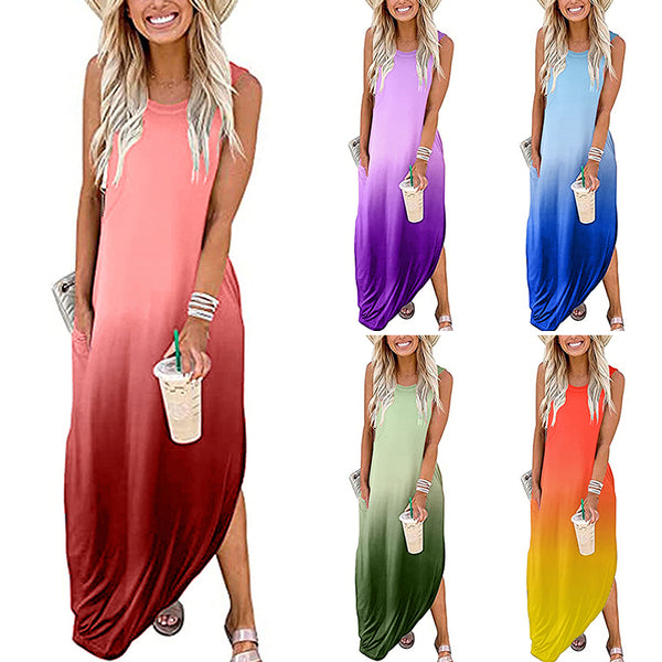 Ladies Gradient Print Sleeveless Pockets Dress Women Crew Neck Loose Maxi Dress