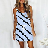 Women Drawstring Sleeveless V Neck Stripe Printed Casual Dress Waist Lightweight