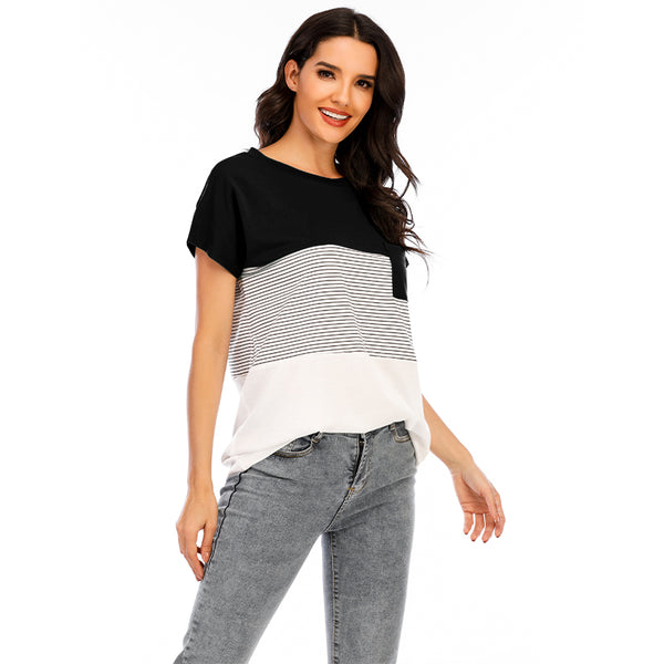 Women Striped Printed Crew Neck Pullover Tops Short Sleeve T-Shirt Blouse Tunic