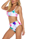 Women Tie Dye Two Piece Bikini Set High Waist Padded Swimsuit Swimwear Beachwear