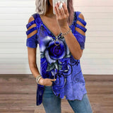 Women Hollow Floral Printed Tops Casual Short Sleeve Shirt Blouse Pullover Tunic