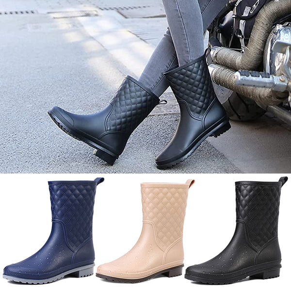 Women Rain Boots Black Waterproof Mid Calf Booties Fashion Out Work Garden Shoes