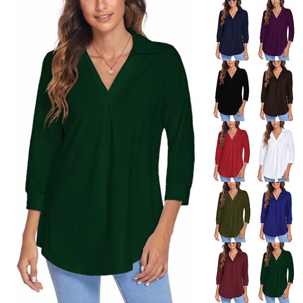 Women 3/4 Sleeve V Neck Blouse Solid Lapel Shirt Spring Fall Casual Pullover Loose  Top